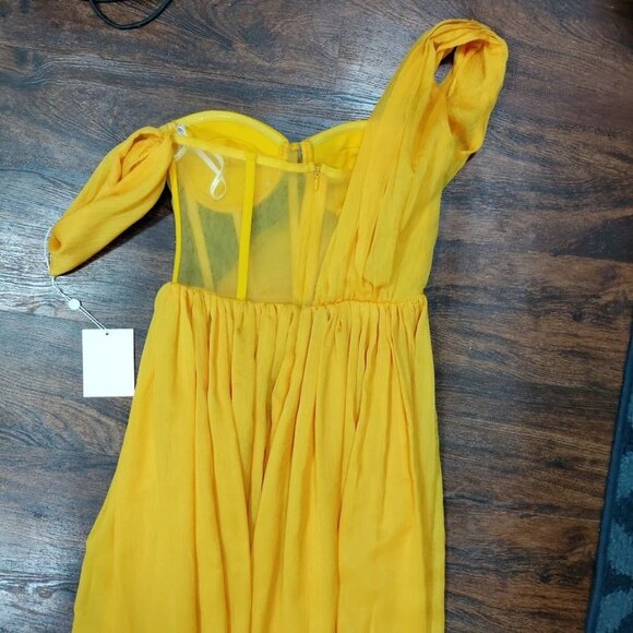 Miss Circle Back In Style Silk Pleated Corset Slit Maxi Dress Yellow XXS NWT - Picture 12 of 15